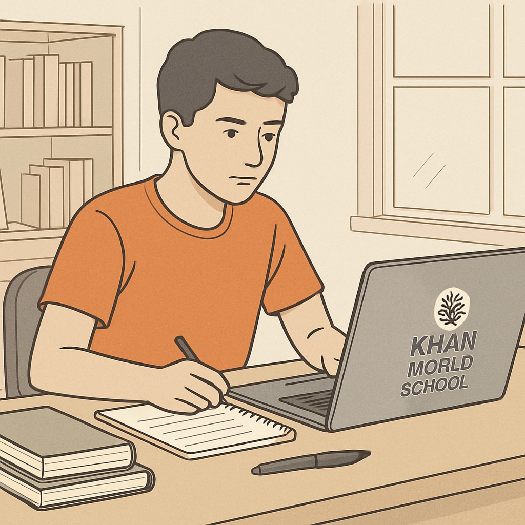 A student working on an online course through Khan World School, symbolizing self-paced learning. A student engaging in online learning through the Khan World School-ASU dual enrollment program.