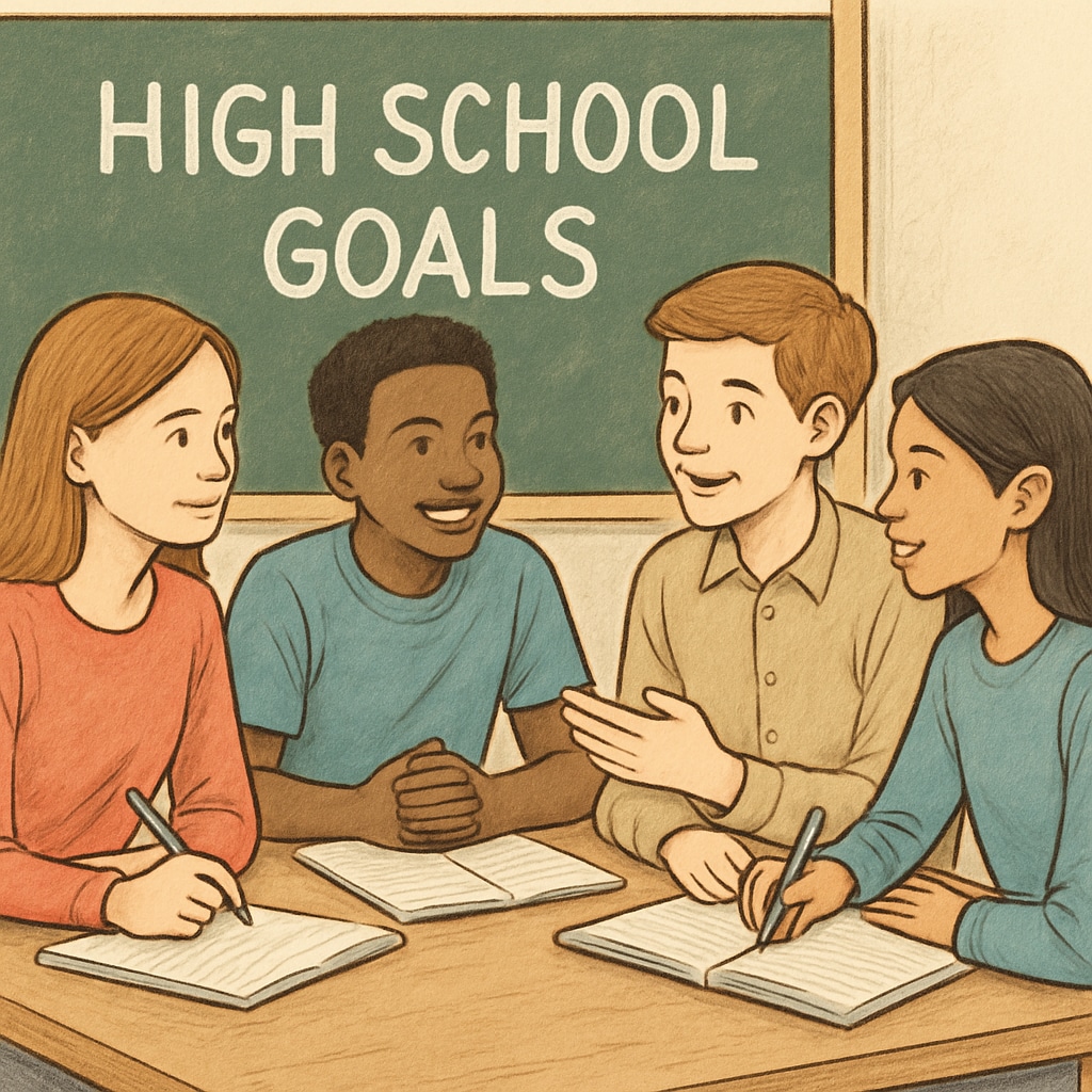 A group of freshman students discussing their high school goals in a classroom setting. Freshman students discussing their goals for high school and college.