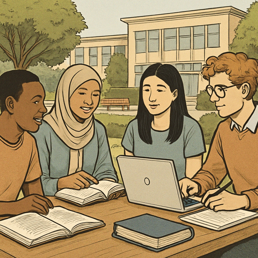 A diverse group of students studying together on a university campus, representing affordable global education options. Students studying on campus, symbolizing affordable education for AS-Level holders.