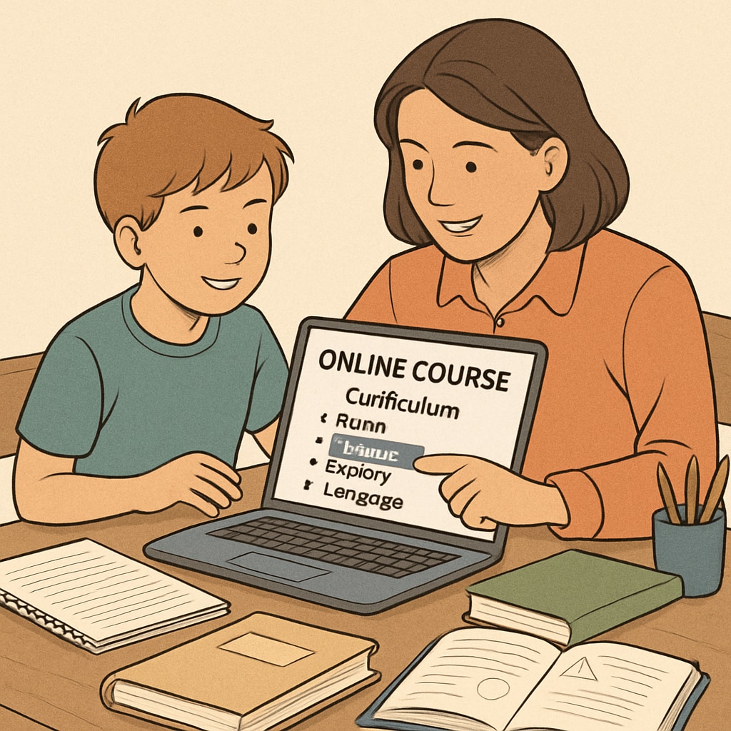 A parent and child reviewing an online course curriculum together, highlighting family involvement in education planning. A parent guiding their child through the Khan World School-ASU dual enrollment program online curriculum.