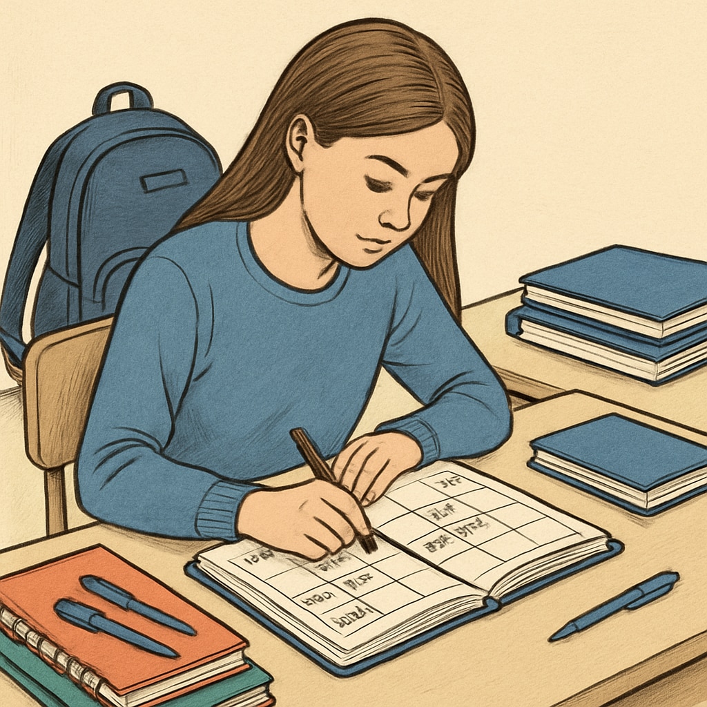 A high school student using a planner to organize her academic and extracurricular schedule. High school student planning her academic and extracurricular activities.