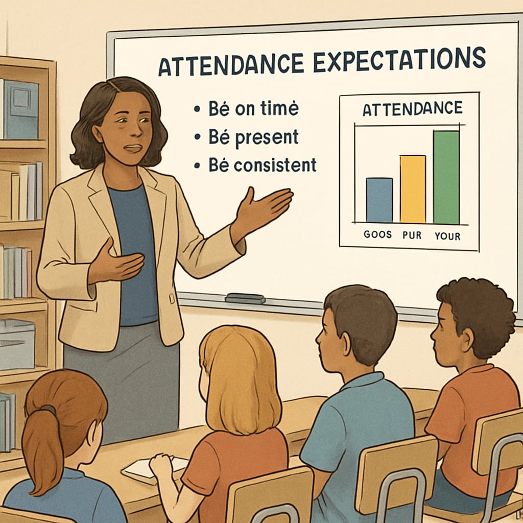 A school counselor explaining attendance expectations to students in a classroom setting, highlighting alternative approaches to intervention. School counselor speaking about attendance expectations.