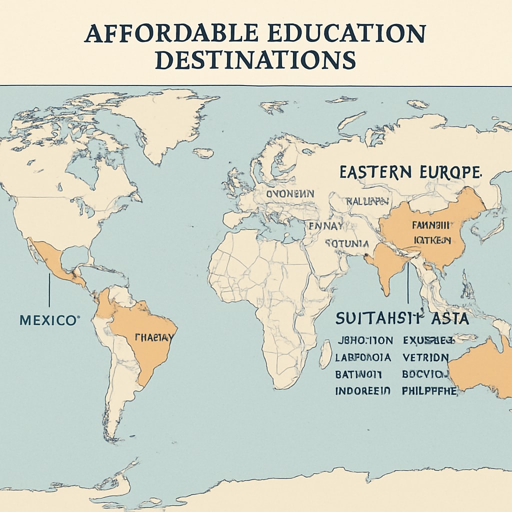 A map highlighting affordable education destinations like Southeast Asia and Eastern Europe. Map showing budget-friendly education regions for AS-Level students.