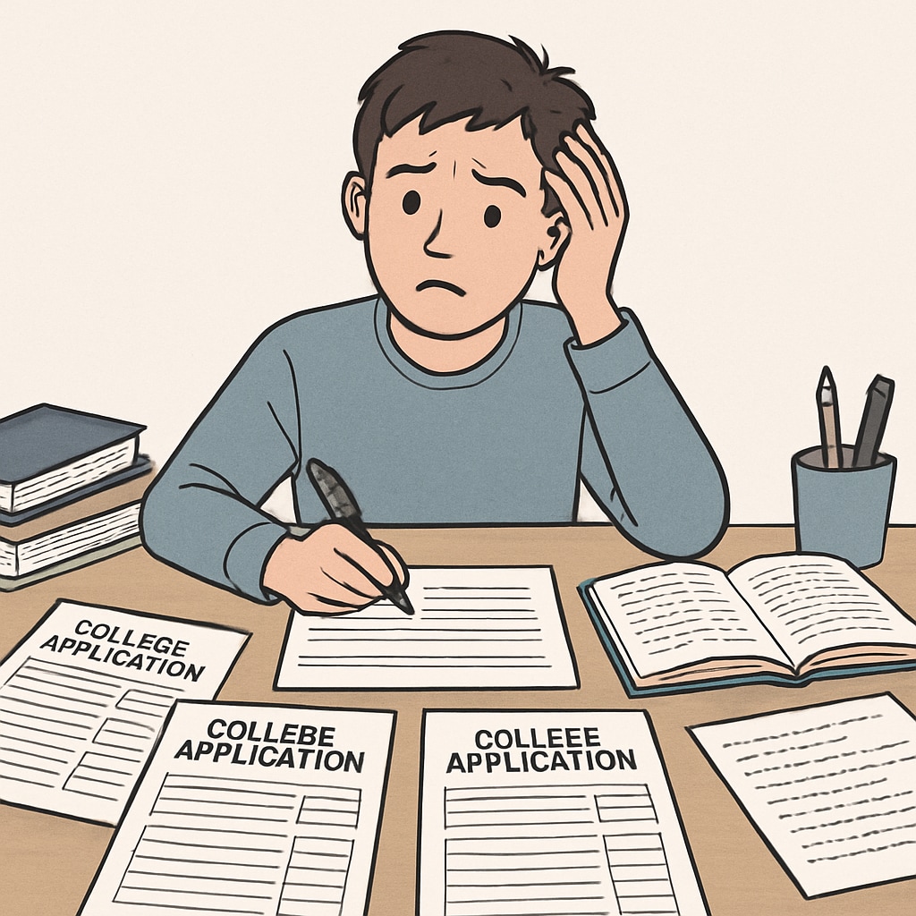 Freshman facing challenges in university applications, surrounded by forms and materials.