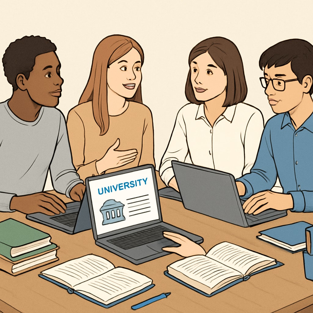 Students researching university applications collaboratively.