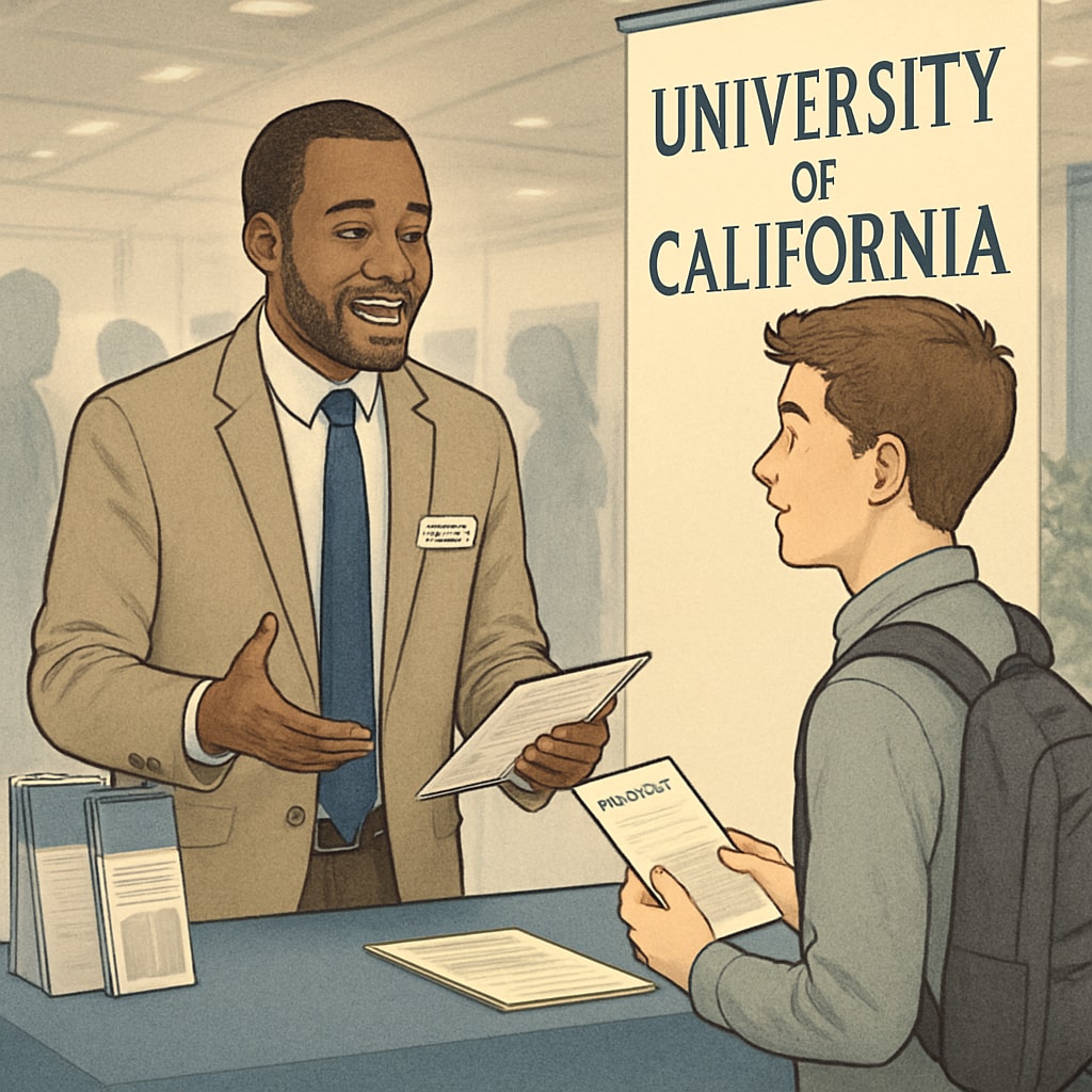 An admissions counselor interacting with a high school student at a University of California outreach event. University of California admissions counselor guiding a high school student.