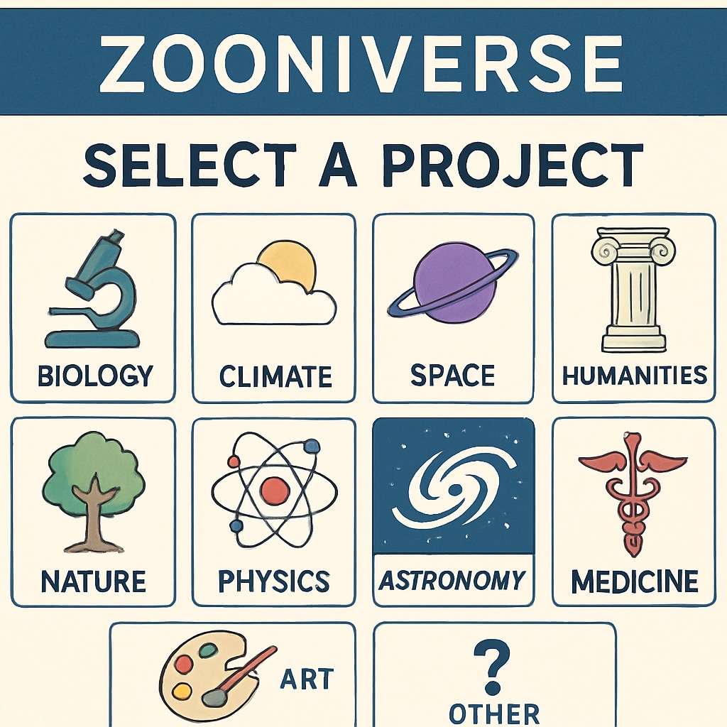 A screenshot of Zooniverse's project selection interface, showcasing a variety of science topics accessible to students. Zooniverse platform interface highlighting citizen science projects.
