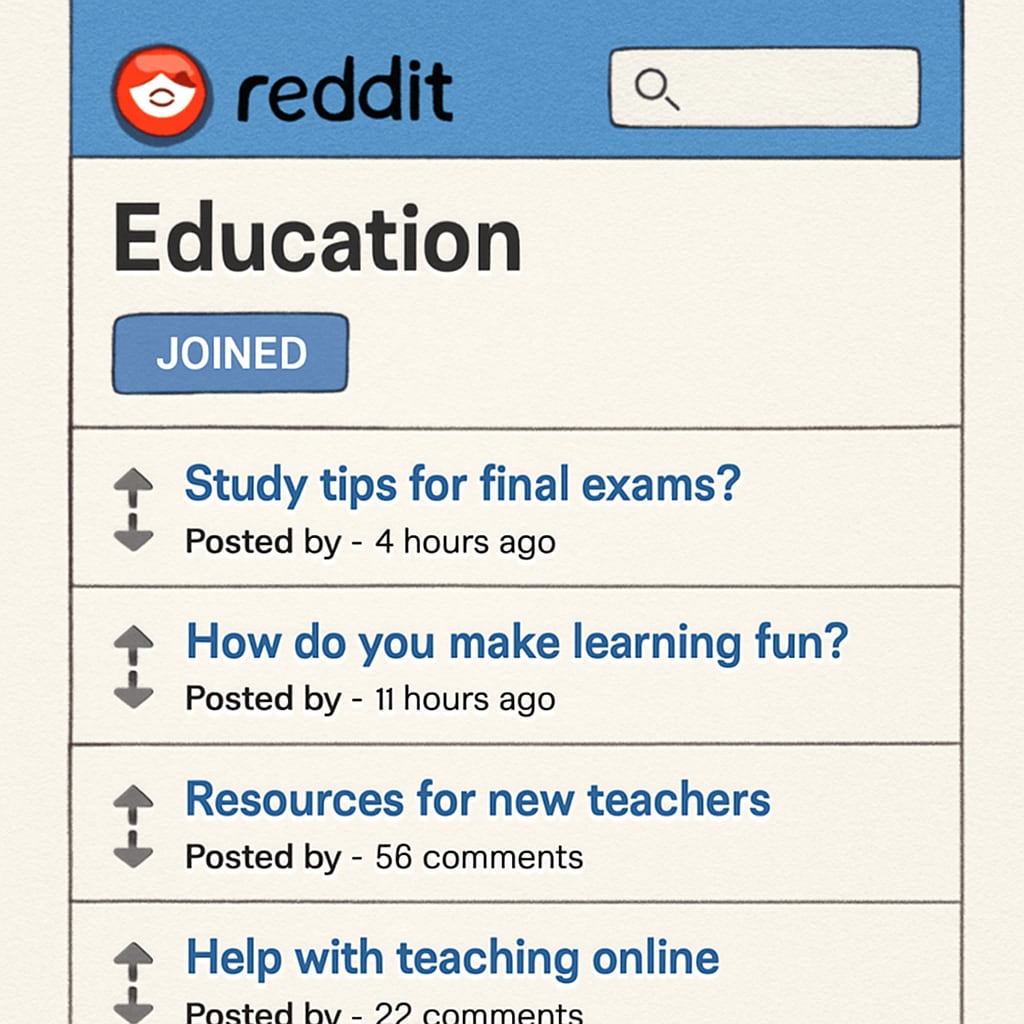 Overview of Reddit education community homepage showing threads and search bar.