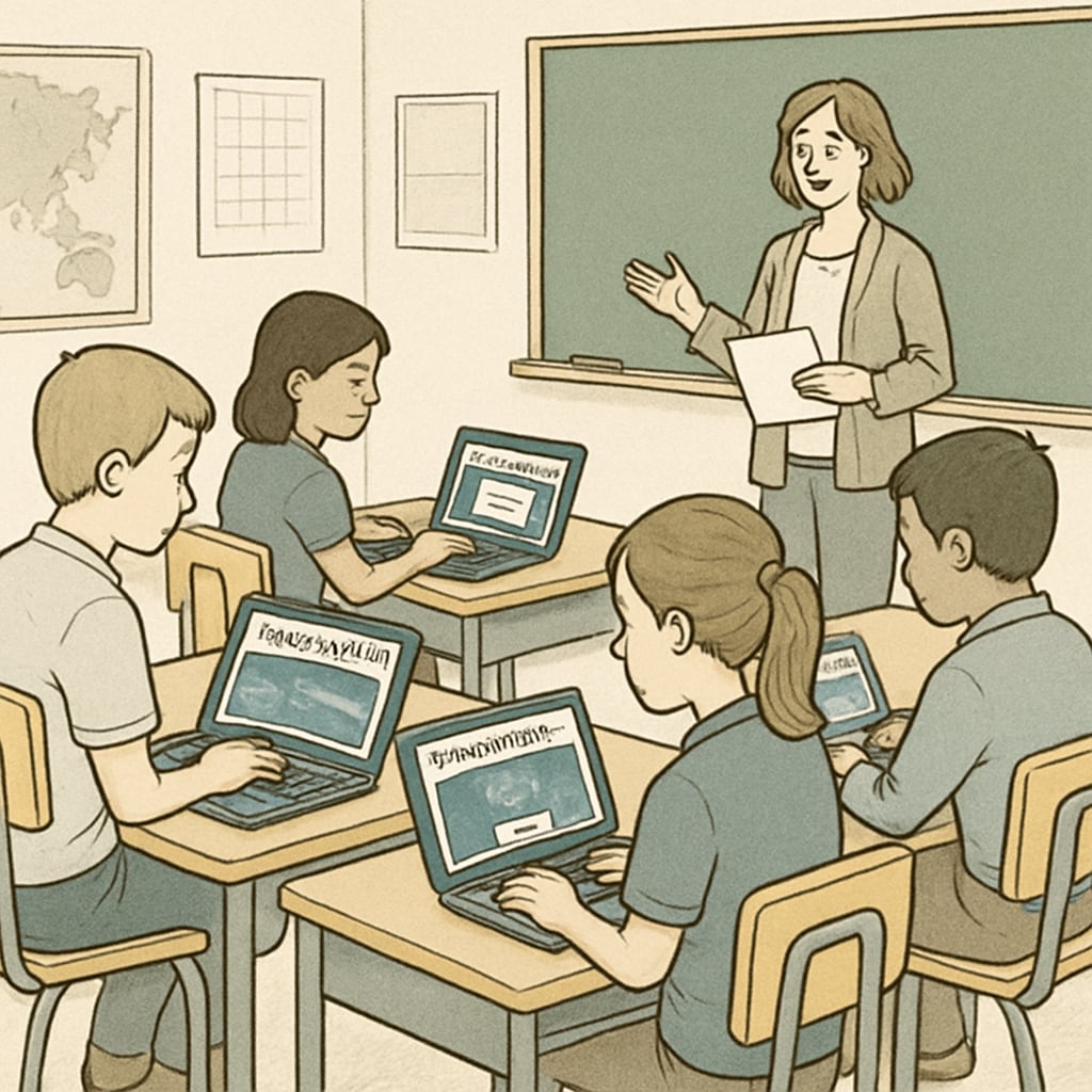 A classroom setting where students are working on laptops, engaging in a Zooniverse project as part of their lesson. Students participating in a Zooniverse citizen science project in class.