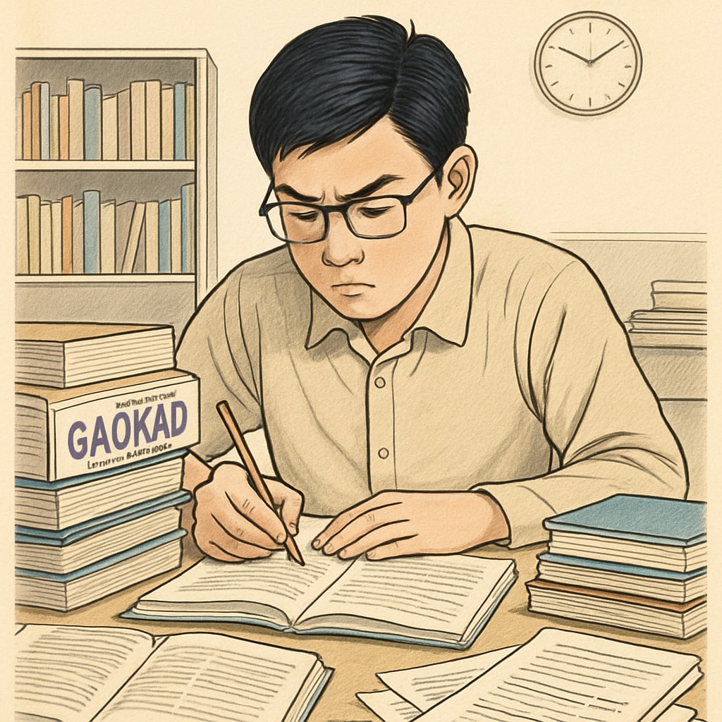 A student preparing for the Gaokao exam in China, showcasing the intense academic focus. Chinese student studying for the Gaokao exam.