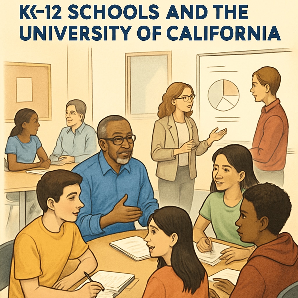 A classroom workshop where UC faculty are mentoring high school students, showcasing collaboration between K-12 schools and the University of California. UC faculty mentoring high school students in a collaborative classroom workshop.