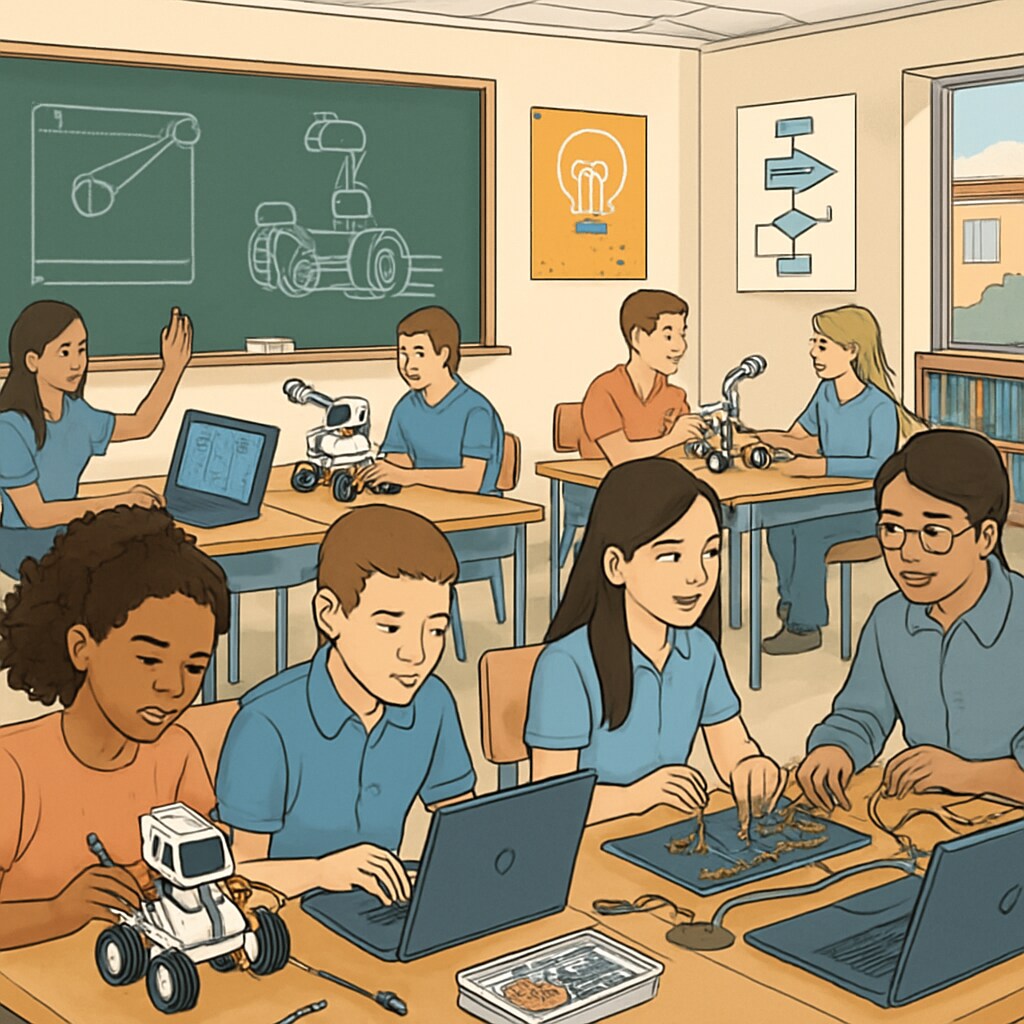 Students working on robotics and coding projects in a STEM-focused classroom.