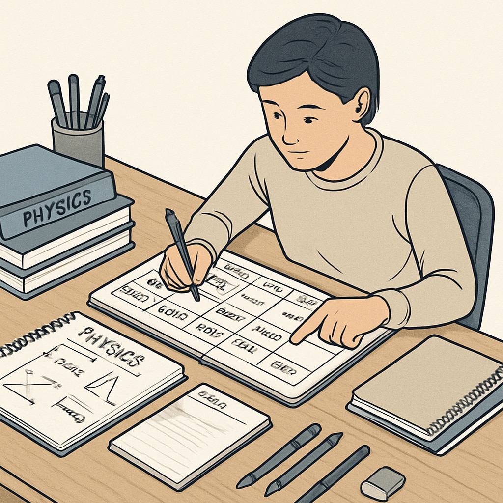 A student organizing their physics study materials with a planner, symbolizing effective prioritization and time management. Organizing physics backlogs with time management strategies