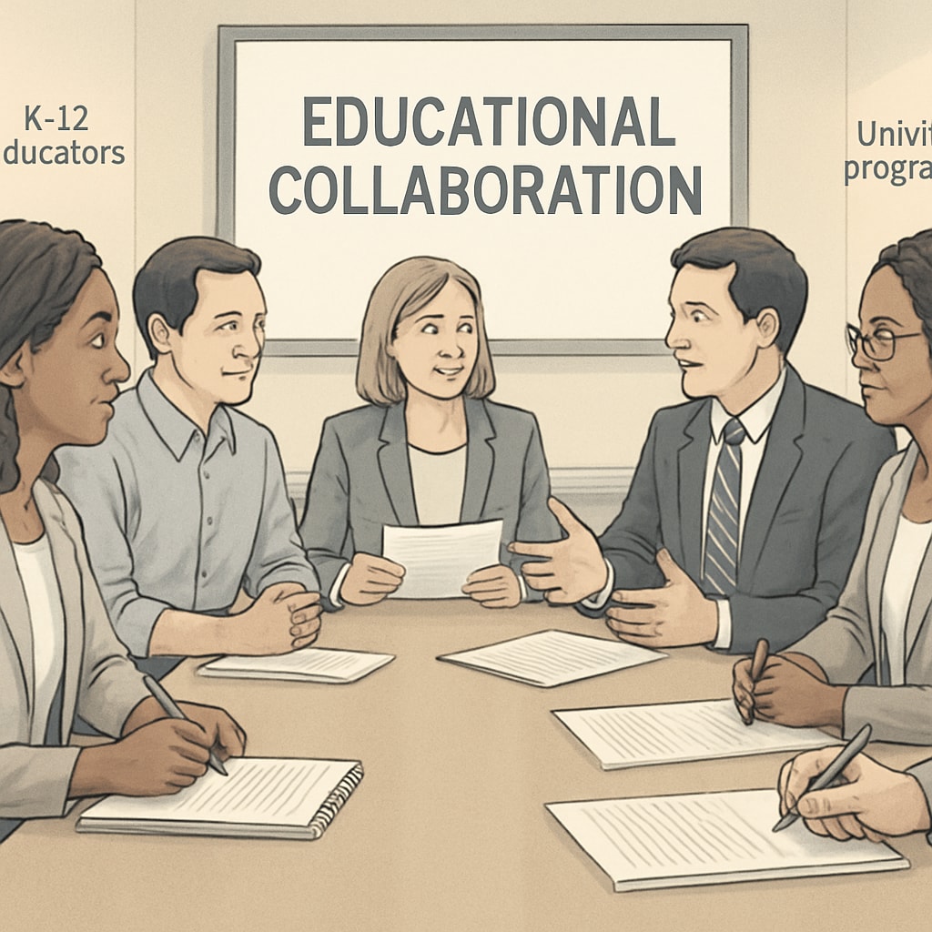 A meeting between K-12 educators and UC program coordinators discussing strategies for educational collaboration. K-12 educators and UC coordinators meeting to plan education partnerships.