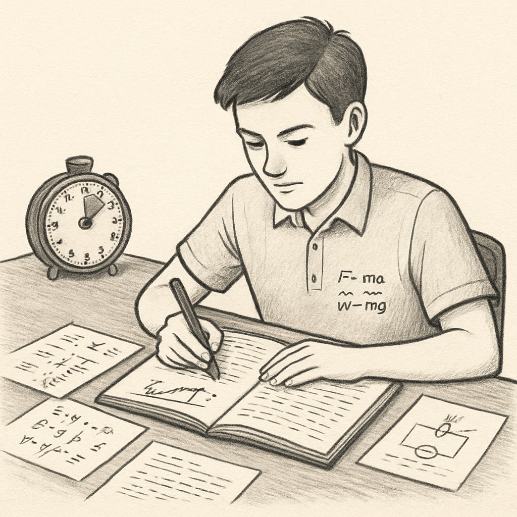 A student solving physics problems using the Pomodoro Technique, with a timer and notes visible. Using the Pomodoro Technique to manage physics backlogs