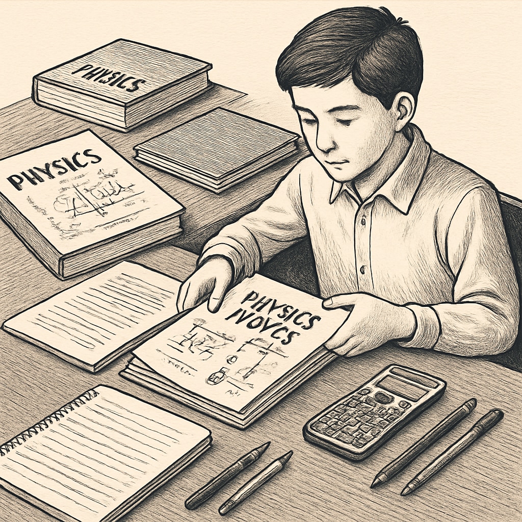 A student organizing their physics notes and study materials on a desk. A focused student organizing notes for physics study, emphasizing time management.