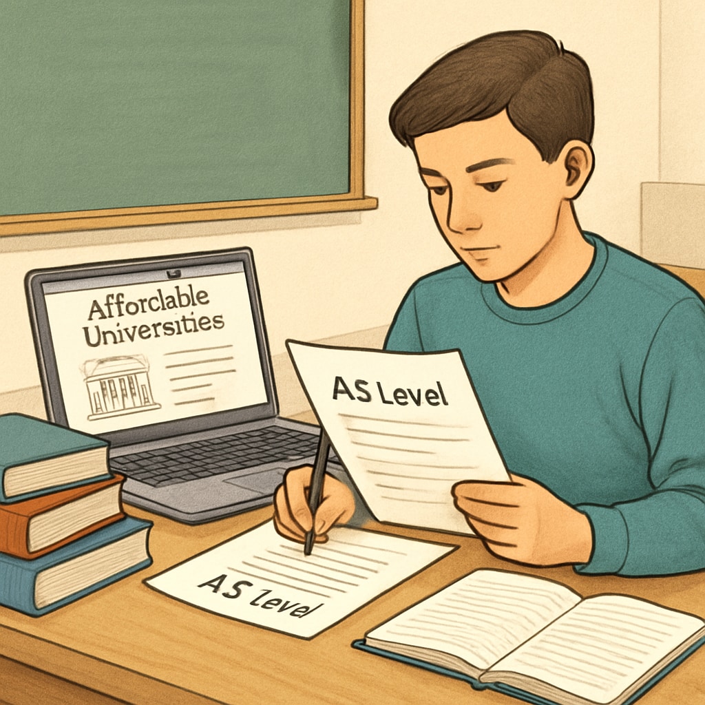 A student reviewing AS level paperwork while researching affordable university options A student evaluating AS level qualifications for affordable university admissions