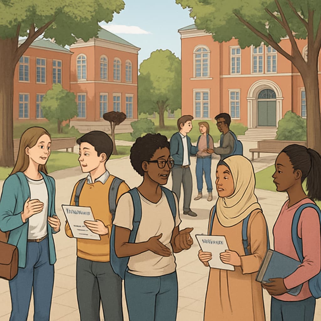 A university campus with international students discussing admission opportunities International students exploring AS level-friendly universities on campus