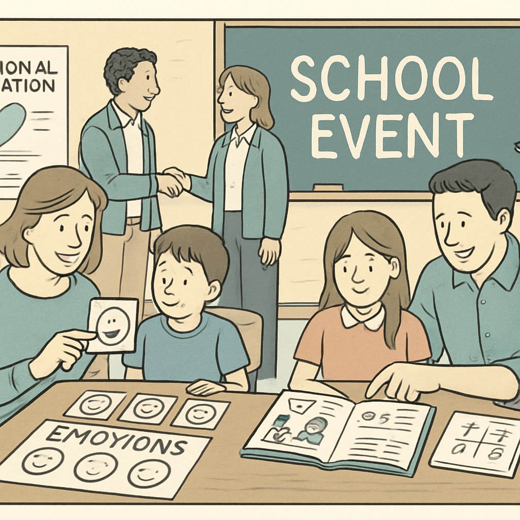 A photo showing parents and teachers collaborating on emotional education activities during a school event. Parents and teachers working together to promote emotional education.