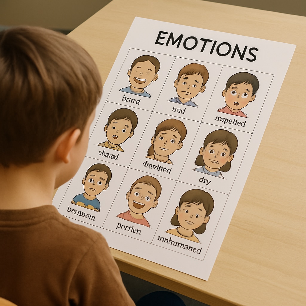 A child learning to identify emotions with the help of a visual chart, showing happy, sad, angry, and other common emotions. Emotional education in practice: A child uses a visual chart to learn about emotions.