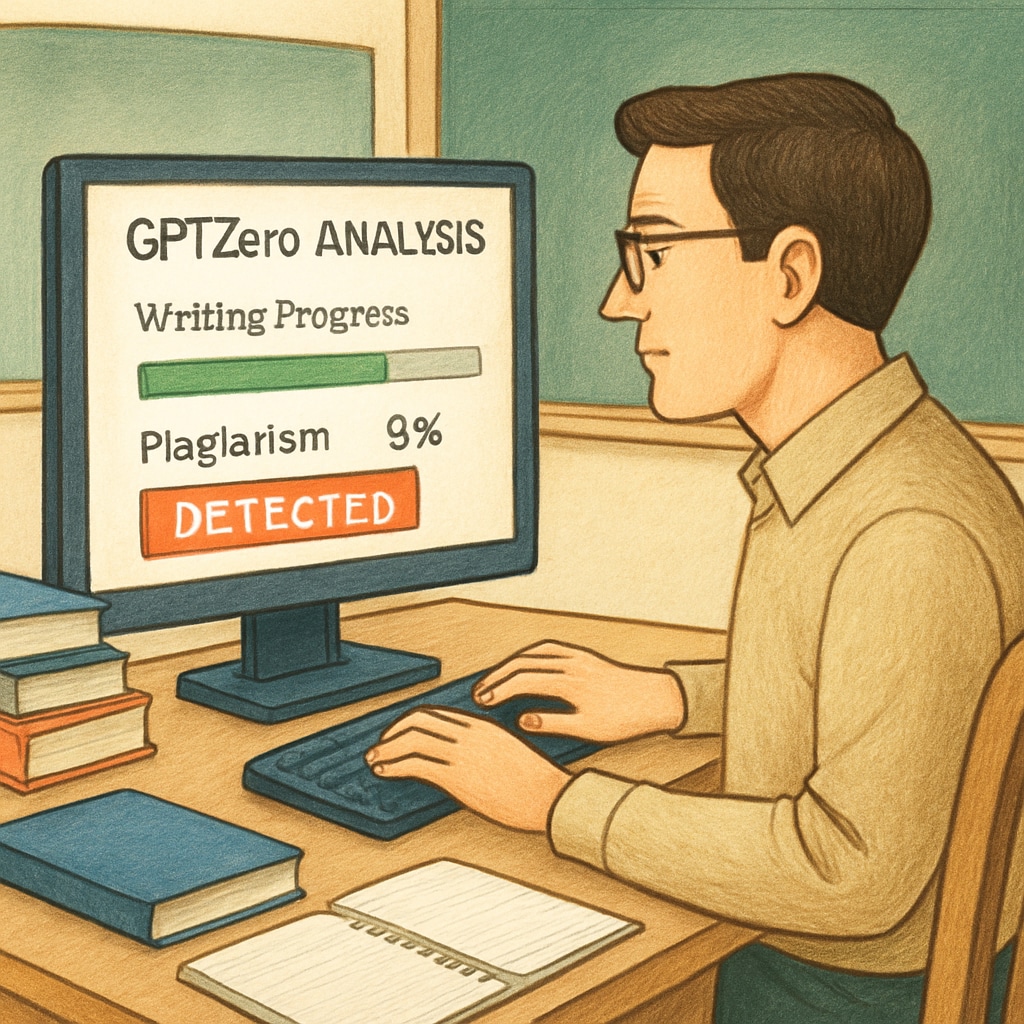 A teacher using a computer screen displaying gptzero analysis to monitor writing progress and detect plagiarism. Teacher using gptzero software for plagiarism detection and writing monitoring