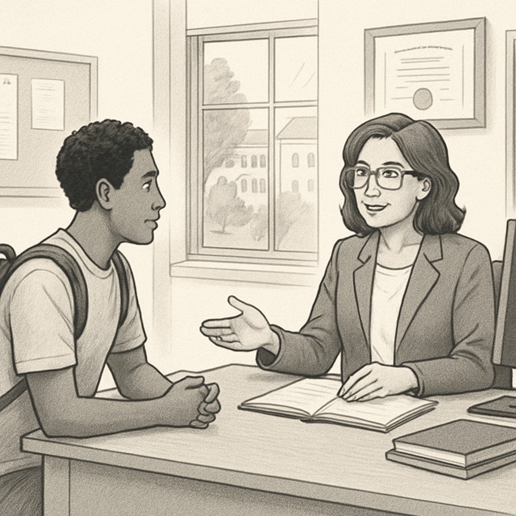 A student receiving academic advising in a university setting, symbolizing institutional support. Academic advising session in a university, highlighting strategic student support.
