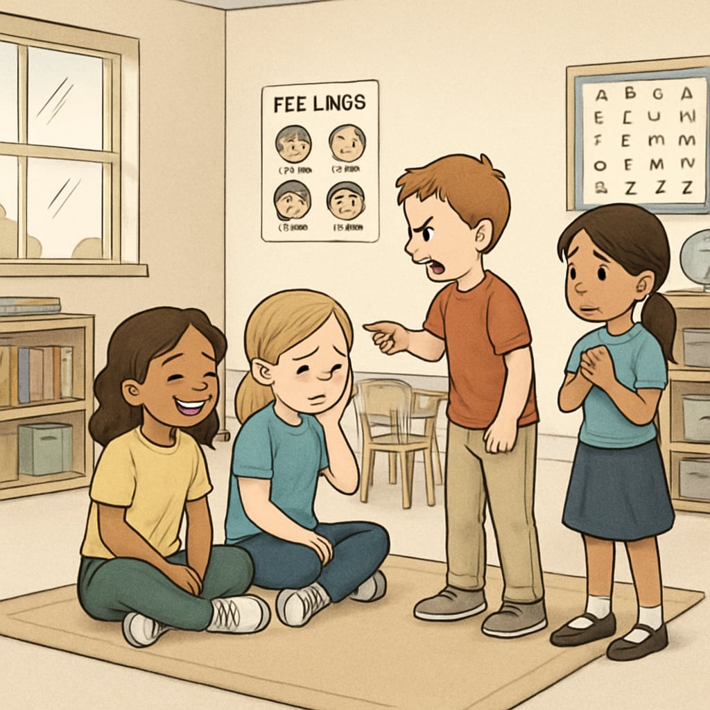 A classroom setting where children practice emotional management through group activities, such as role-playing scenarios with different emotional cues. School-based emotional education: Children engage in group activities to learn emotional regulation.