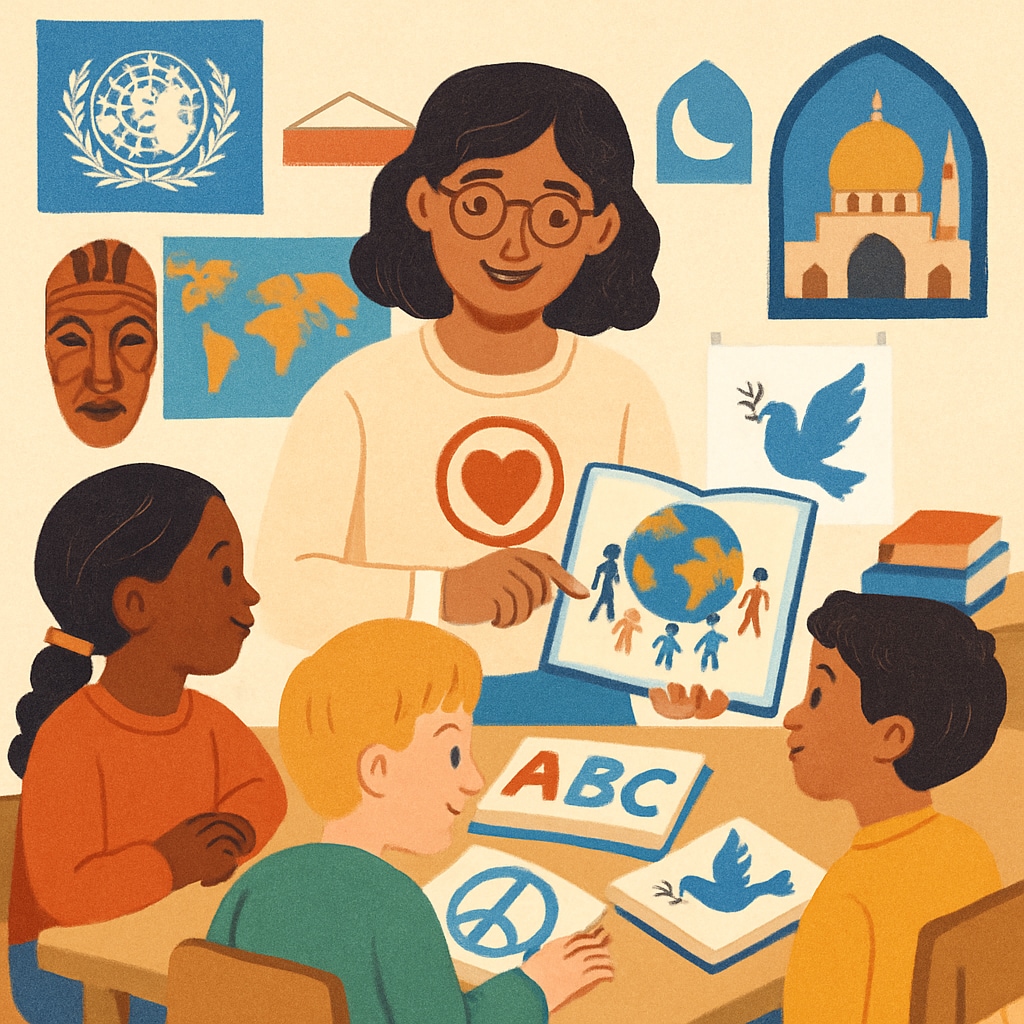 An educator collaborating with humanitarian organizations to promote universal values through child-friendly content. Ms. Rachel collaborating with organizations to promote kindness and empathy in education.