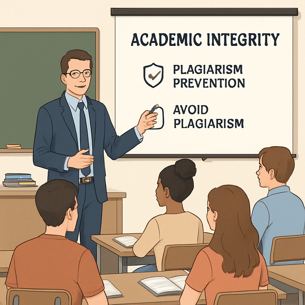 Students in a classroom attending a seminar on academic integrity and plagiarism prevention. Classroom seminar on plagiarism prevention and academic integrity