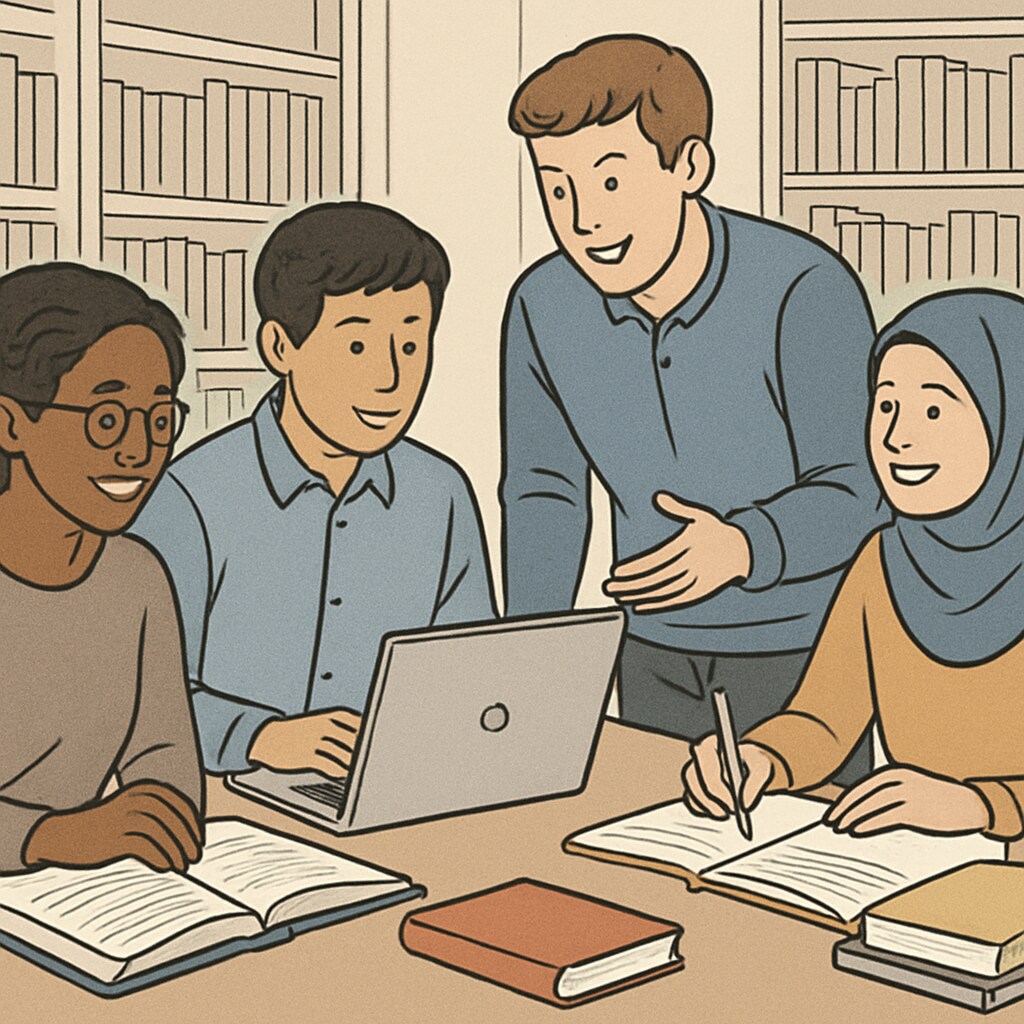 A diverse group of university students collaborating in a library setting, symbolizing inclusivity and support. University students collaborating in a library to showcase inclusivity and support traits.
