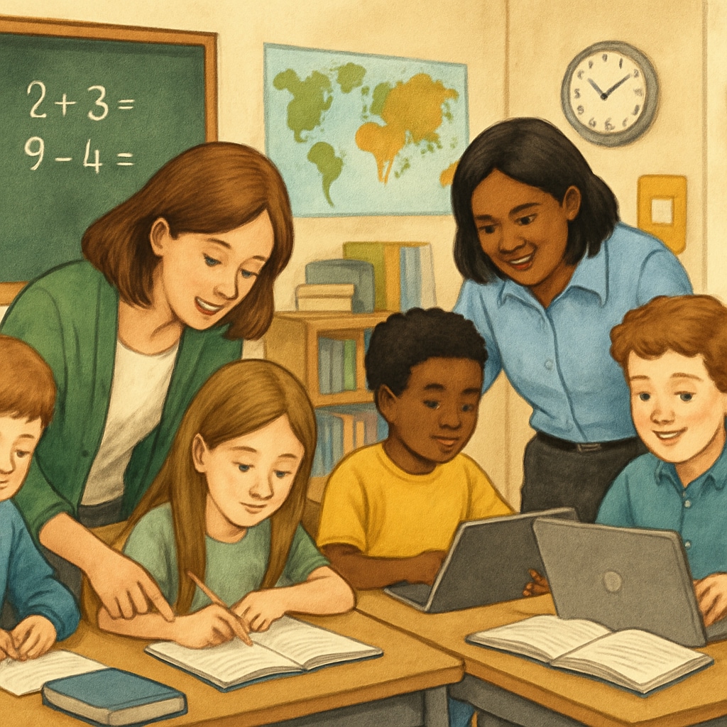 A classroom setting showcasing teachers guiding students in personalized learning activities. Classroom with personalized learning, student-centered approach.