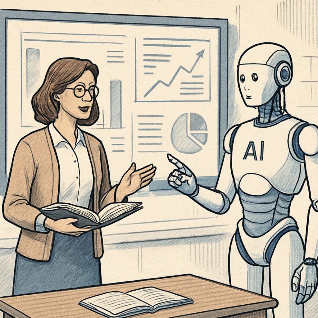 A teacher working alongside AI systems, reviewing automated analytics reports. Teacher and AI systems collaborating on educational analytics.