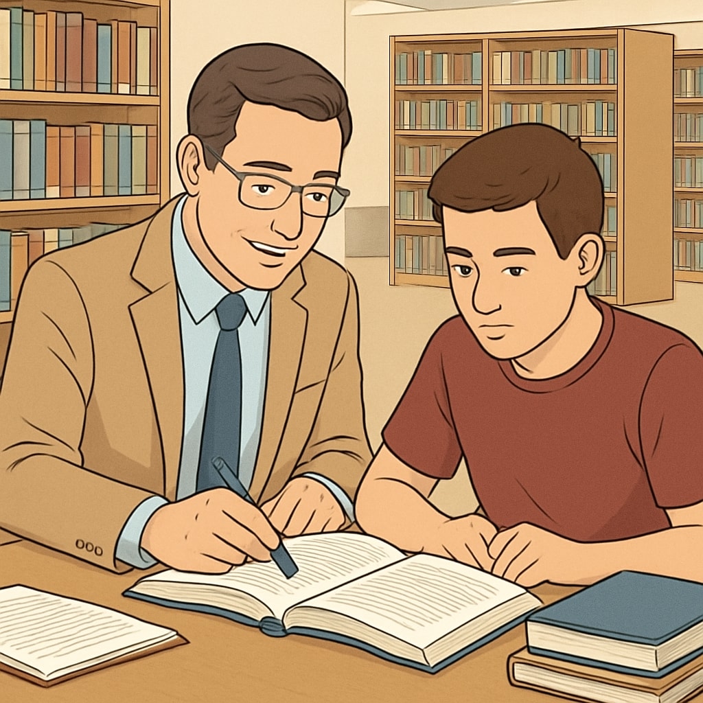 A tutor assisting a student with coursework in a library setting. Tutor helping a student, academic support in educational institutions.