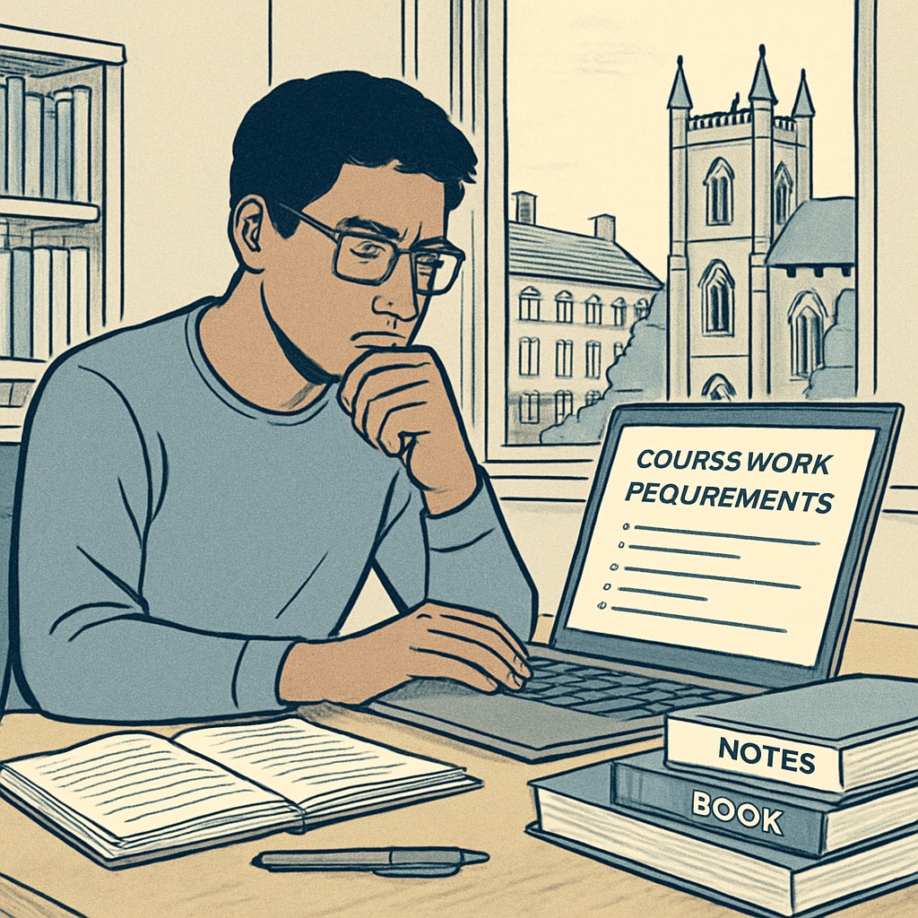 An international student reviewing coursework requirements on a laptop, highlighting the administrative and academic challenges in UK universities. International student reviewing UK coursework requirements on a laptop.