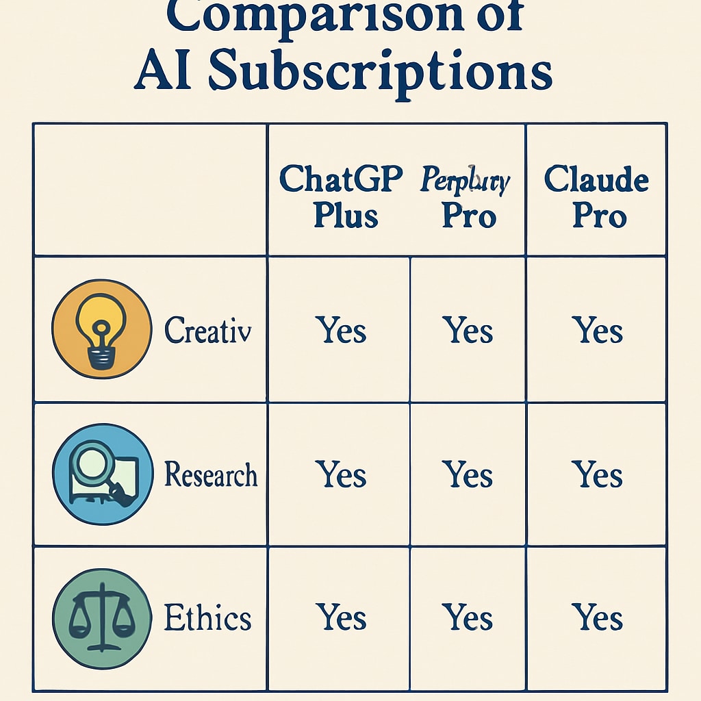 A visually appealing comparison chart illustrating ChatGPT Plus, Perplexity Pro, and Claude Pro features side by side, with icons representing creativity, research, and ethics. Comparison chart of ChatGPT Plus, Perplexity Pro, and Claude Pro features.