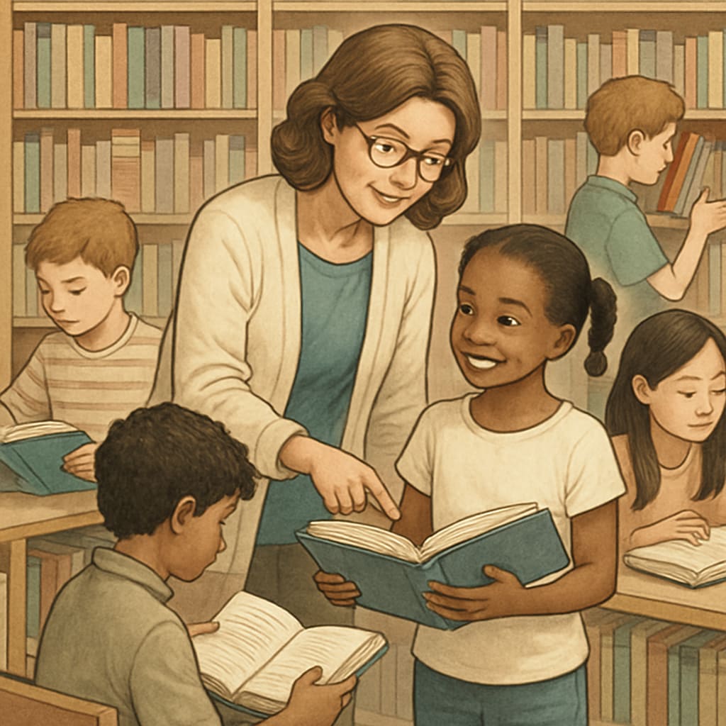 A school librarian helping students find books in a library setting. A librarian assisting students in a school library, illustrating non-teaching roles in education.