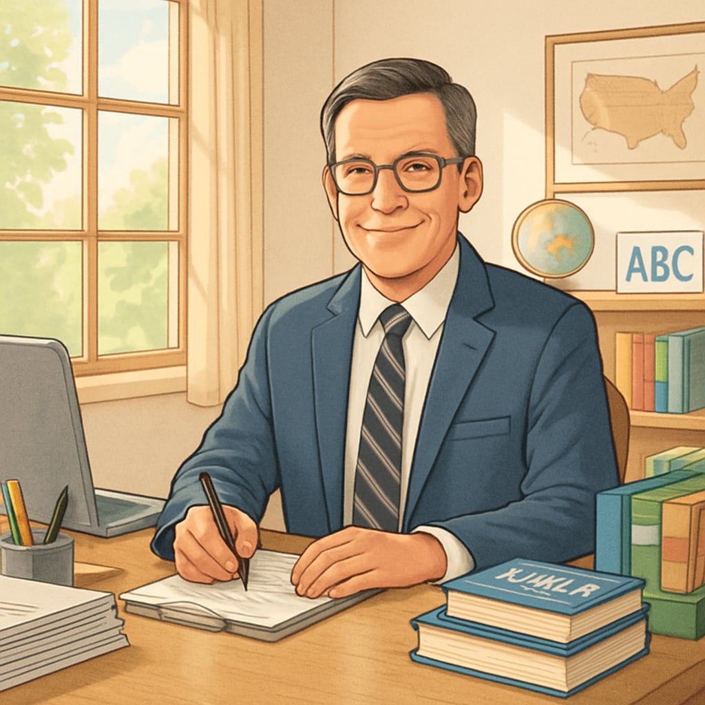 A school administrator working at their desk in a sunny office setting. School administrator role in education offering school holidays benefit.