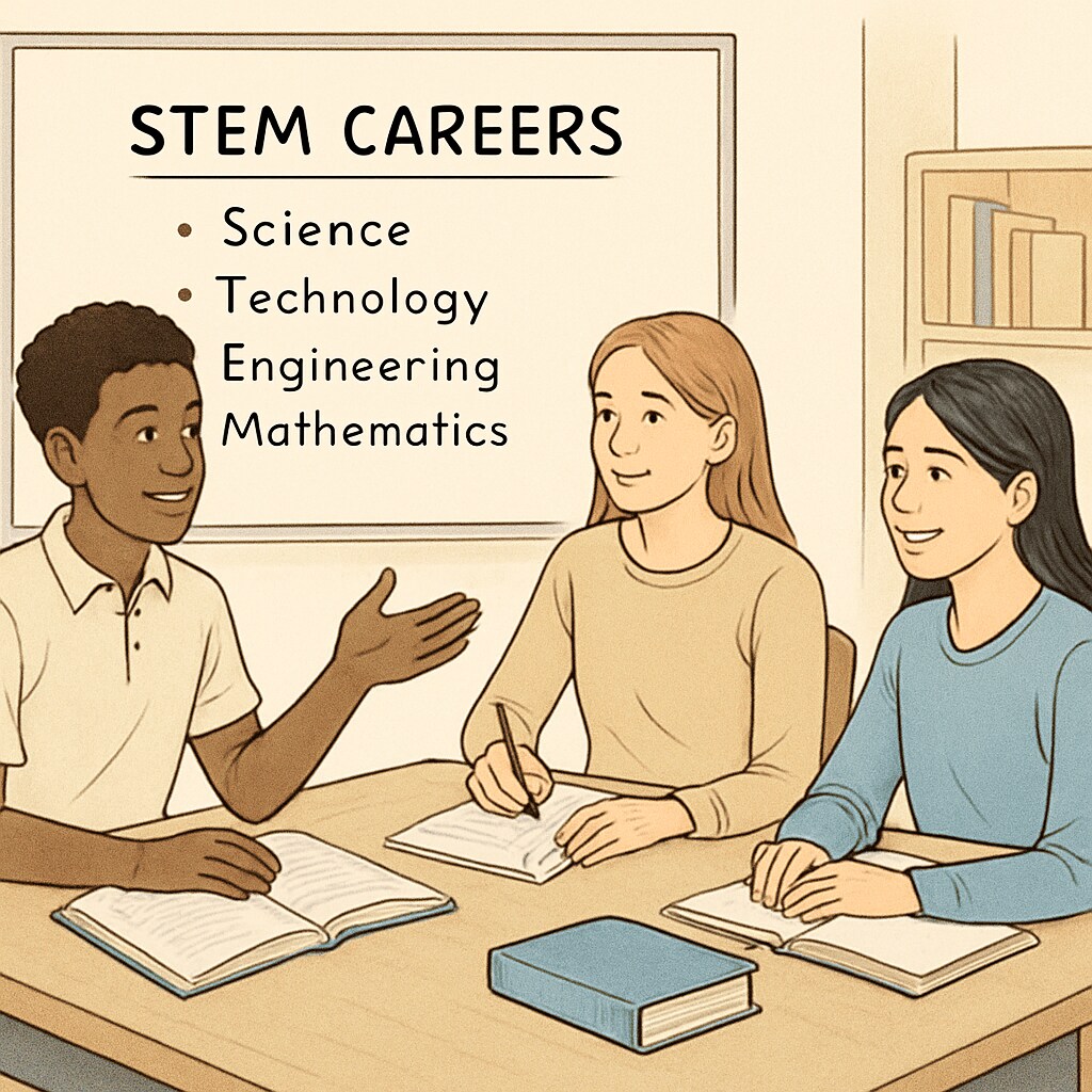 A group of high school students discussing STEM career options in a collaborative classroom setting High school students exploring STEM career choices