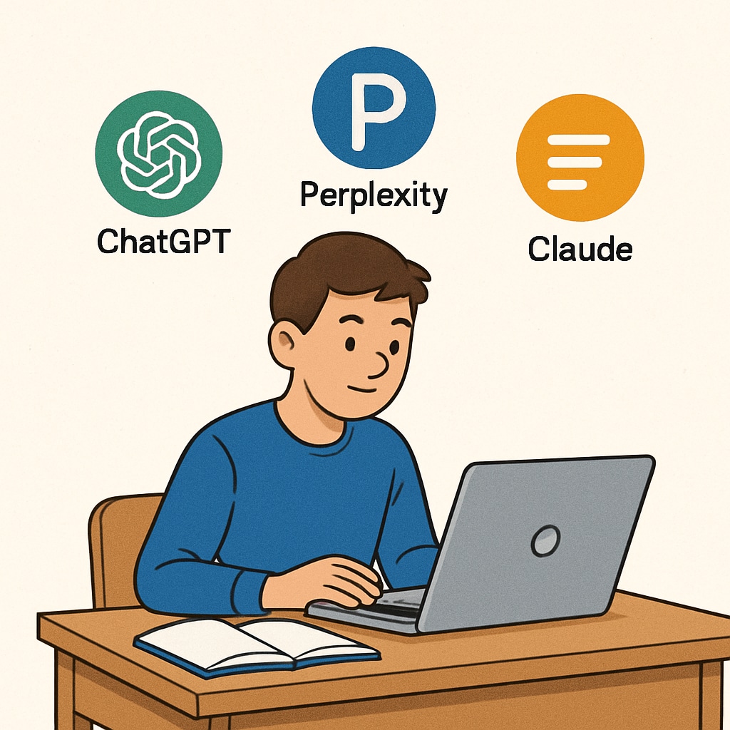 An image of a student using a laptop with icons of AI tools (ChatGPT, Perplexity, Claude) floating around, symbolizing how these tools support education. Student using AI tools like ChatGPT Plus, Perplexity Pro, and Claude Pro for learning assistance.