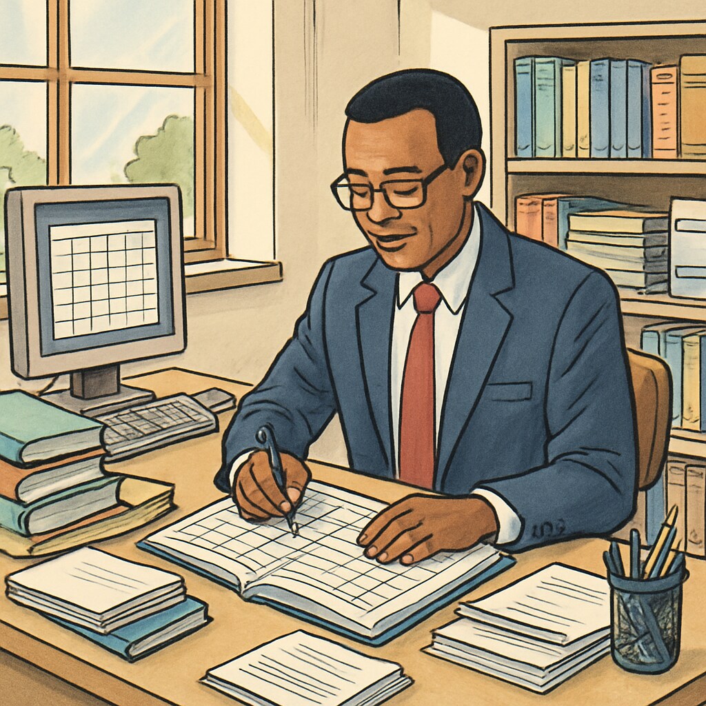 A school administrator organizing schedules in a well-lit office. An administrator planning school schedules, showcasing another non-teaching career in education.