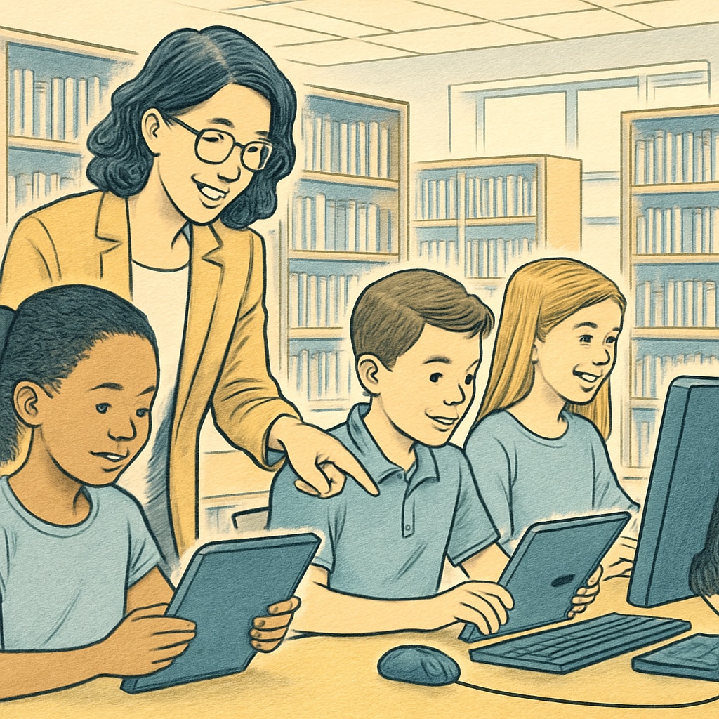 A library media specialist assisting students with digital resources in a modern library. Library media specialist job in education enjoying school holiday schedules.