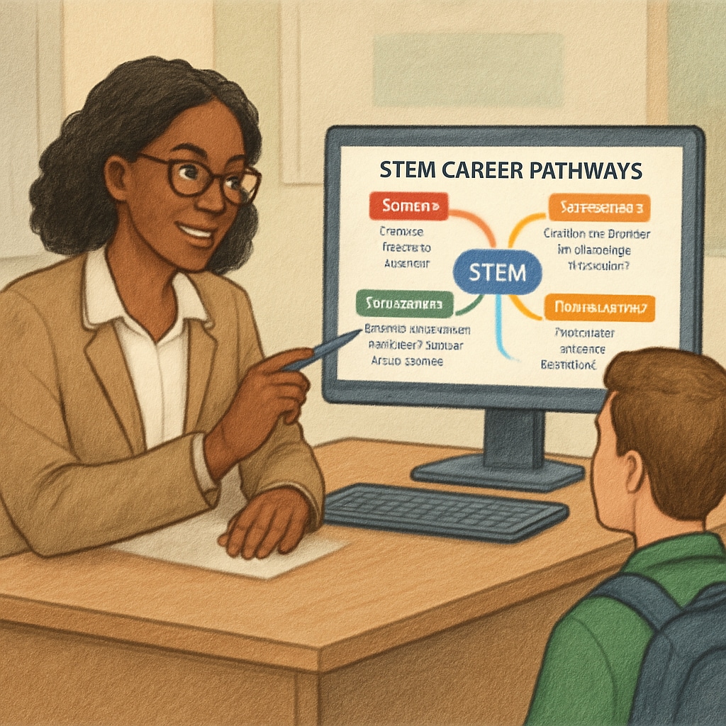 A career counselor guiding a student through STEM-related career pathways using a digital chart Career counselor helping a student navigate STEM pathways