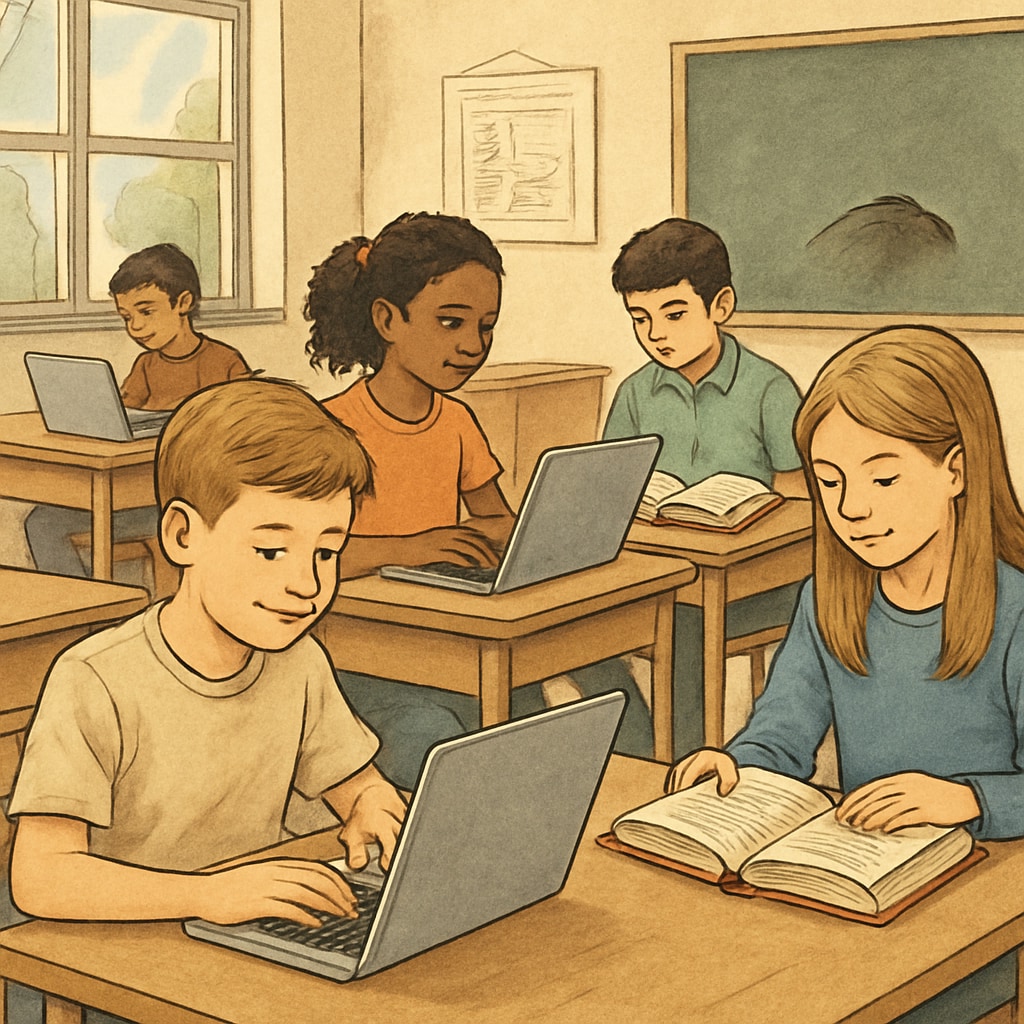 A classroom setting with students using a mix of laptops and traditional books, showing balanced technology use. Students balancing technology and traditional learning methods in a classroom.