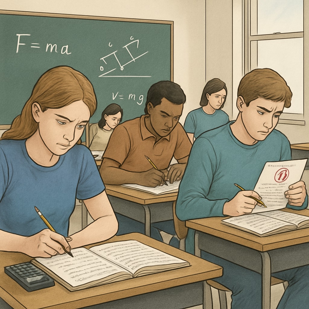 A high school classroom showing students working on physics problems, symbolizing academic effort and evaluation challenges. Students in a high school classroom addressing physics problems amidst evaluation concerns.