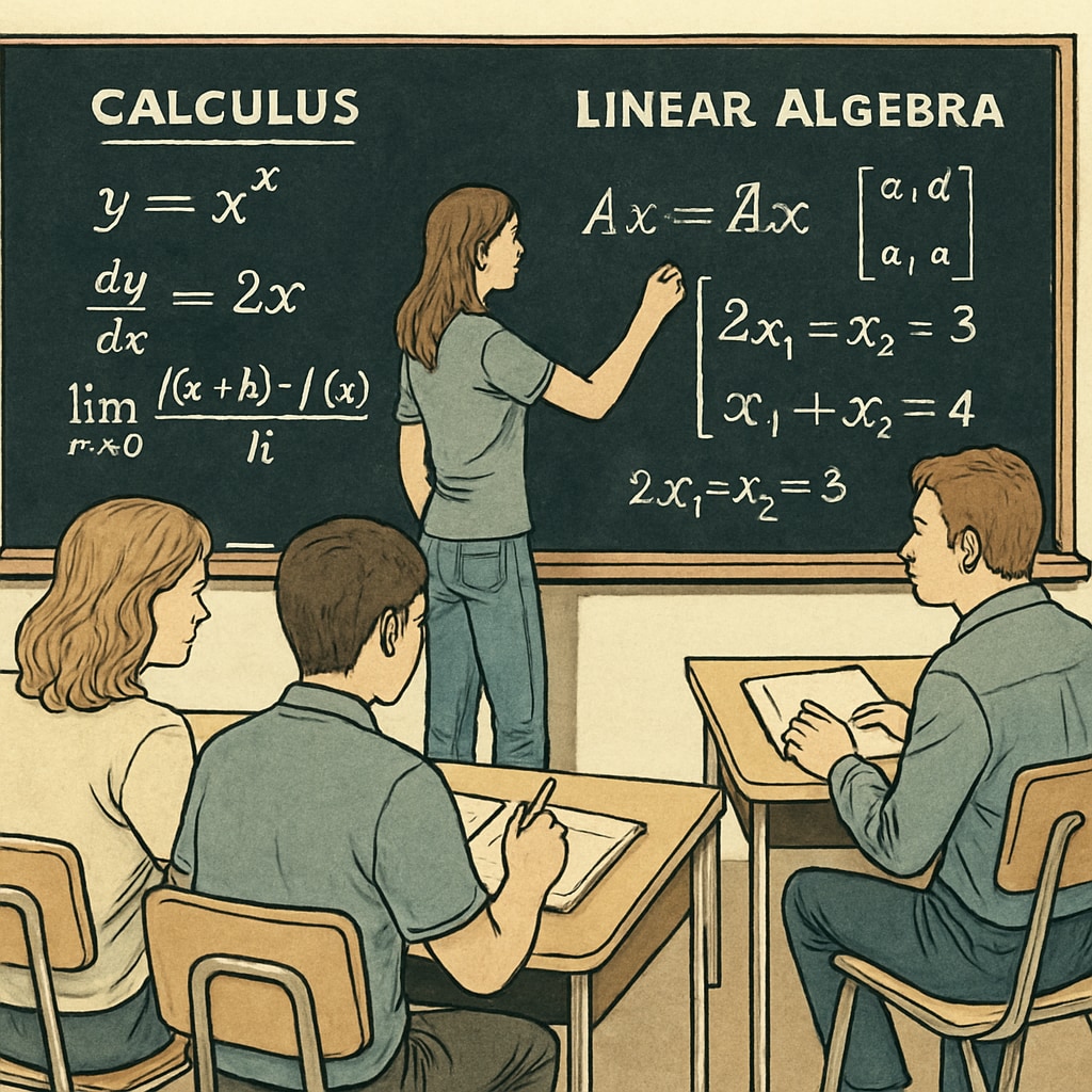 University students solving calculus and linear algebra problems in a classroom.