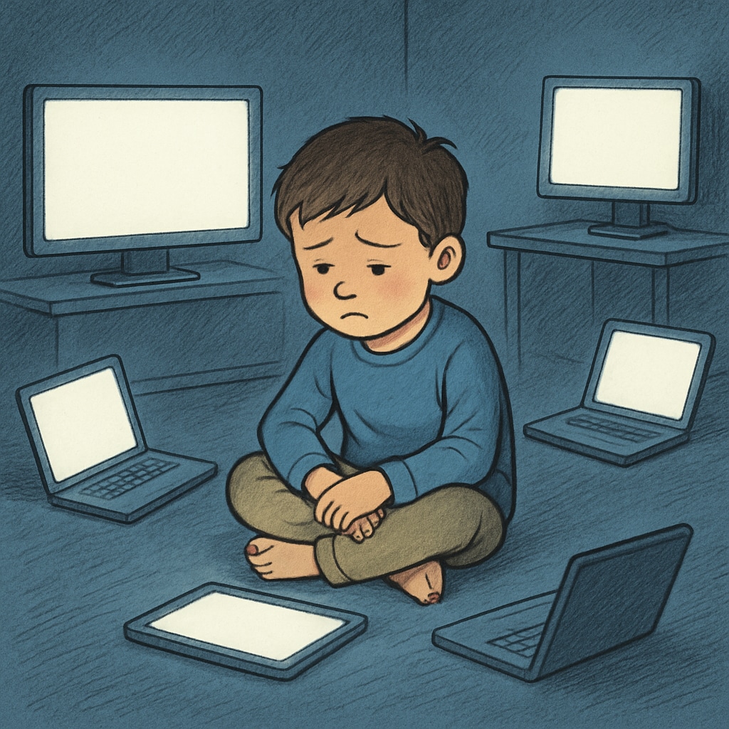 A child sitting alone in a dimly lit room, surrounded by multiple screens, illustrating the isolation caused by tech addiction. A child affected by excessive screen time, surrounded by electronic devices.