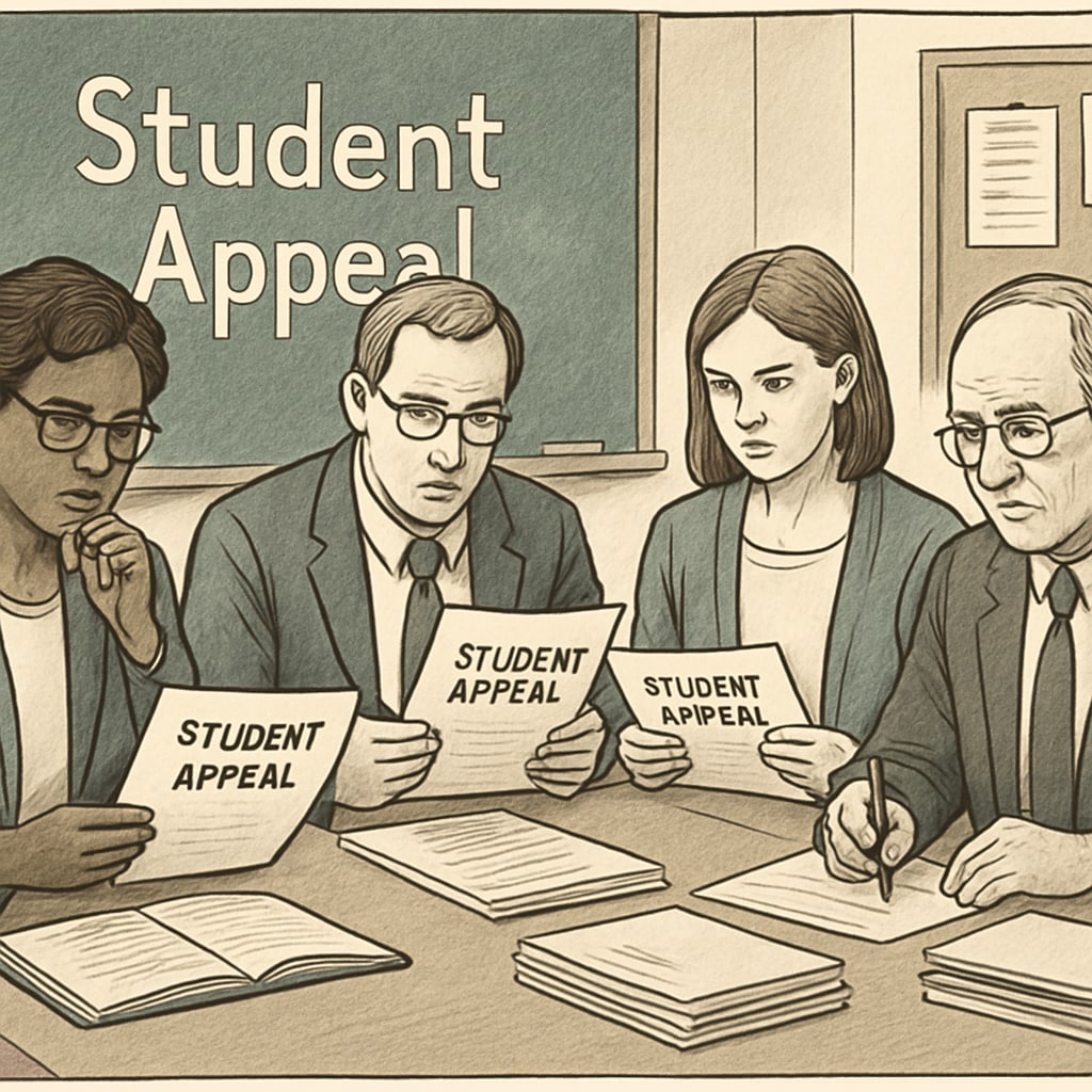 A panel of educators reviewing student appeals to symbolize transparency and fairness. Educators collaborating on appeal reviews to ensure fairness in grading.