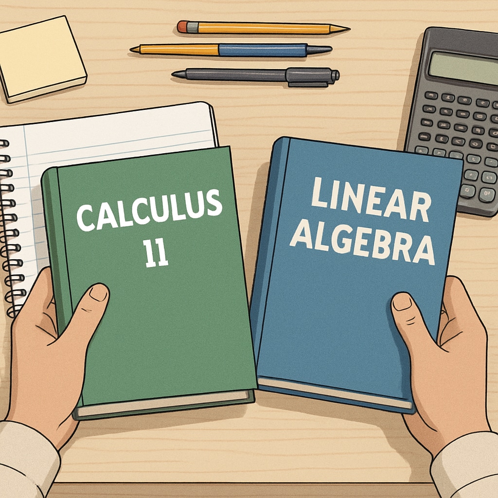 A university student reviewing Calculus II and Linear Algebra textbooks.