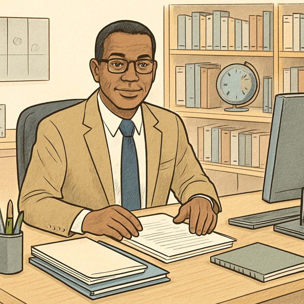 A professional school administrator working at a desk with documents and a computer in an office setting. School administrator managing documents and schedules, enjoying school schedule benefits.