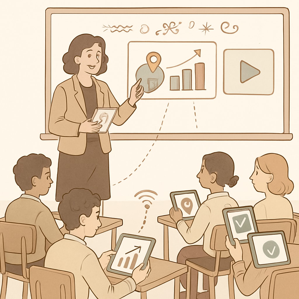 An interactive classroom setting where students use tablet devices to engage with Gurwi’s visual content. Interactive learning with Gurwi app’s visualized knowledge tools.